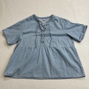 Old Navy Women's XL Light Wash Chambray Denim Short Sleeve Top Lace Up Closure 1